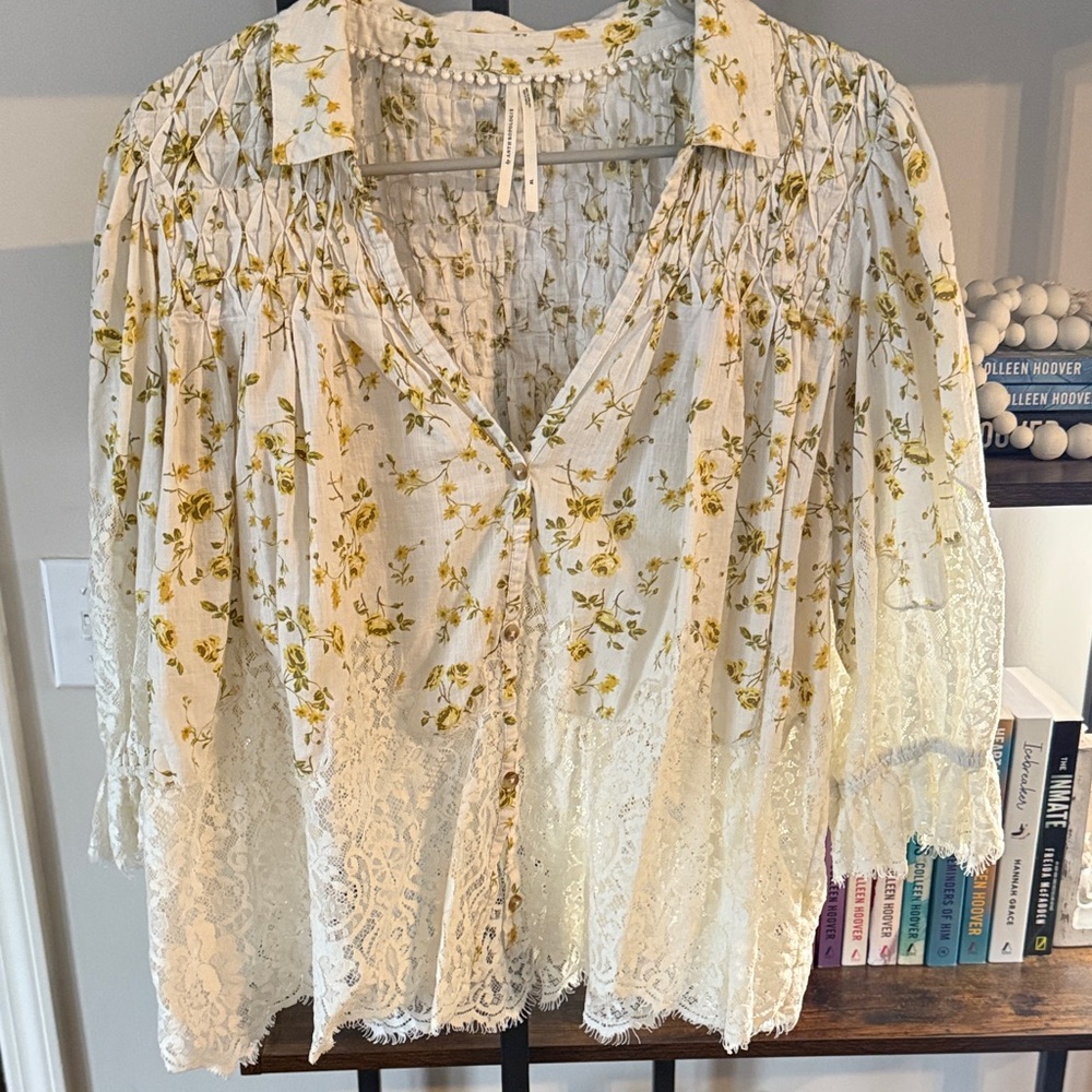 Anthropologie Yellow Floral Lace Blouse